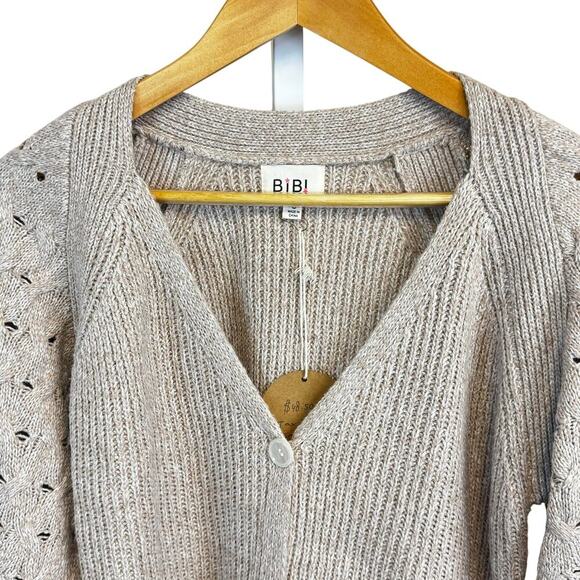 New Bibi Oatmeal V-Neck Button UP Cardigan Sweater Pointelle Sleeves Women's S - Picture 3 of 11